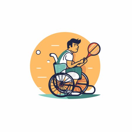 Téléchargez les illustrations : Homme handicapé dans un fauteuil roulant jouant au tennis. Illustration vectorielle de style plat. - en licence libre de droit