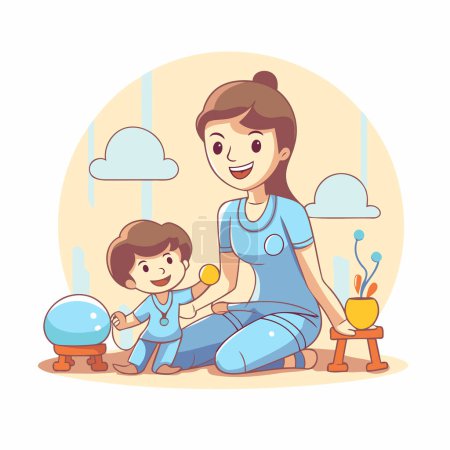 Ilustración de Madre e hijo jugando con juguetes. Ilustración vectorial en estilo de dibujos animados. - Imagen libre de derechos