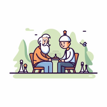 Elderly couple playing chess in the park. Vector illustration in flat style