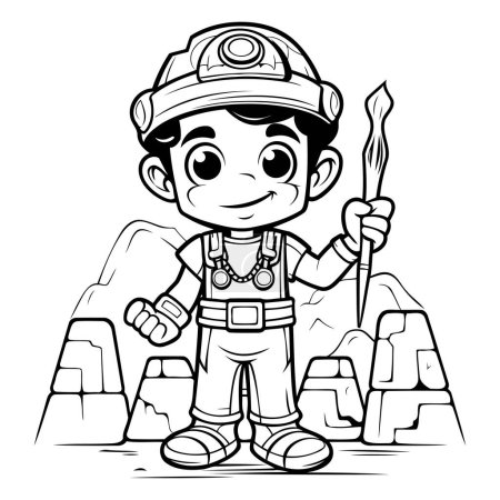 Black and White Cartoon Illustration of Cute Little Miner Boy Character for Coloring Book