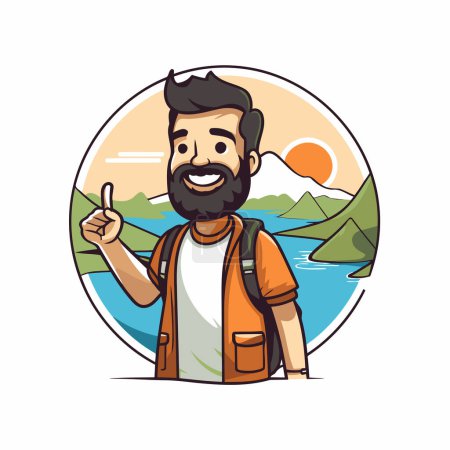 Illustration for Hipster man with a beard and mustache in a brown jacket. standing near the river and showing thumb up. Vector illustration. - Royalty Free Image