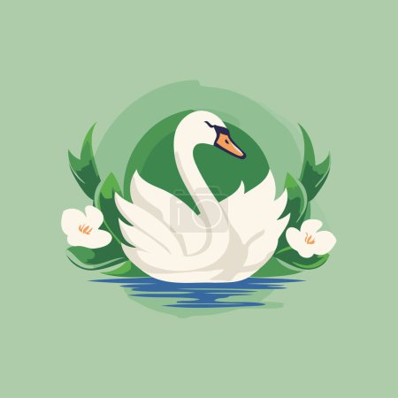 Ilustración de Cisne con flores sobre fondo verde. Ilustración vectorial en estilo plano. - Imagen libre de derechos