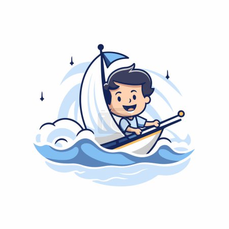 Ilustración de Un chico en un bote en las olas. Ilustración vectorial sobre fondo blanco. - Imagen libre de derechos