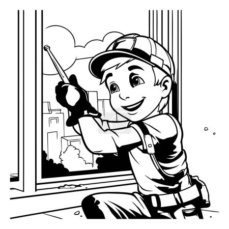 Téléchargez les illustrations : Illustration d'un enfant portant un casque de construction tenant une perceuse - en licence libre de droit