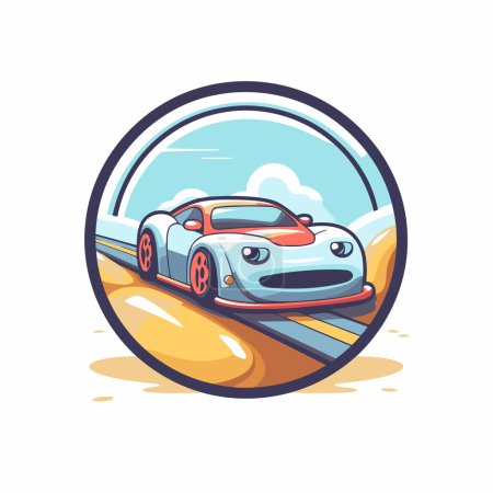Illustration for Vector illustration of a sports car on the road in a circle shape. - Royalty Free Image