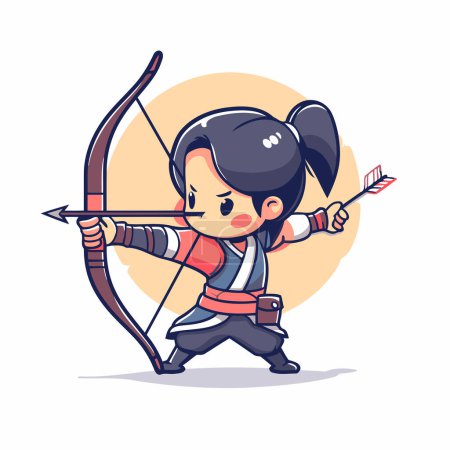 Ilustración de Kung fu chica personaje de dibujos animados con arco y flecha vector ilustración. - Imagen libre de derechos