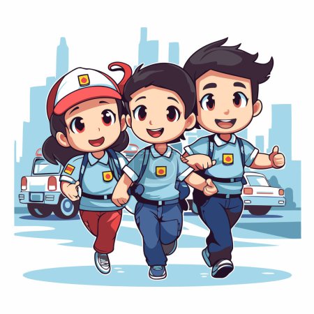 Téléchargez les illustrations : Des enfants en uniforme de police marchant dans la rue. Illustration vectorielle de bande dessinée. - en licence libre de droit