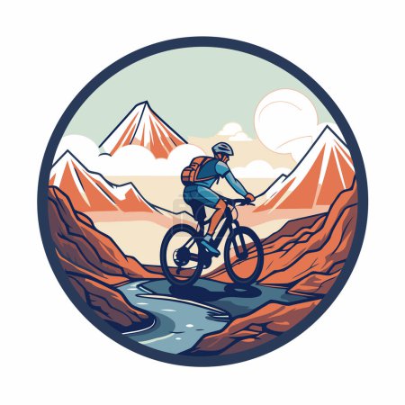Illustration for Mountain biker riding a bike in the mountains round icon vector illustration - Royalty Free Image