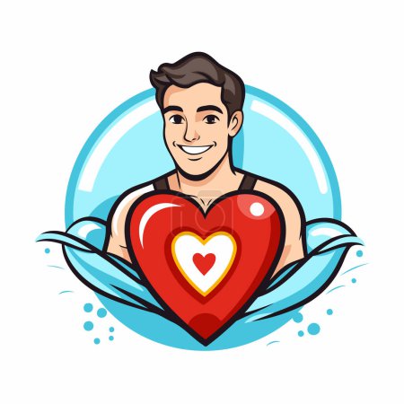 Illustration for Vector illustration of a smiling man holding a red heart in his hands - Royalty Free Image