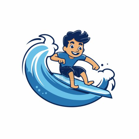 Téléchargez les illustrations : Illustration vectorielle de surf. personnage de bande dessinée d'un homme surfant sur une vague - en licence libre de droit
