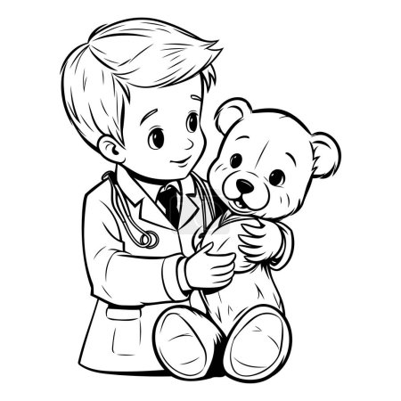 Téléchargez les illustrations : Illustration vectorielle d'un garçon jouant au docteur avec un ours en peluche. - en licence libre de droit