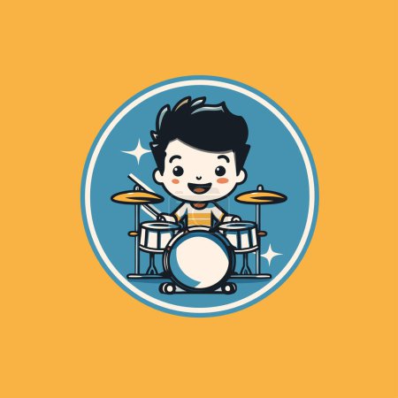 Boy playing drums. Cute cartoon character. Vector Illustration.