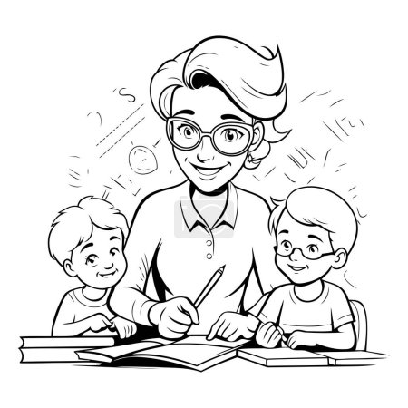 Illustration for Teacher with children doing homework. Black and white vector illustration. - Royalty Free Image