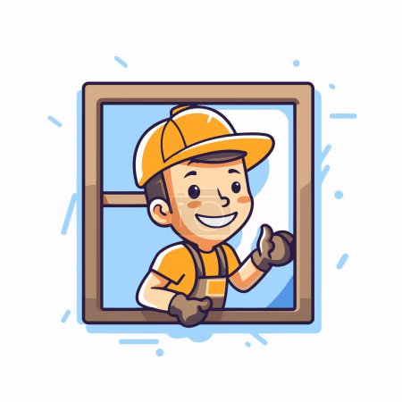 Téléchargez les illustrations : Illustration vectorielle du garçon souriant en casque et salopette regardant par la fenêtre. - en licence libre de droit