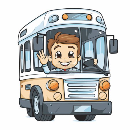 Téléchargez les photos : Cartoon bus scolaire avec garçon heureux agitant la main. Illustration vectorielle. - en image libre de droit