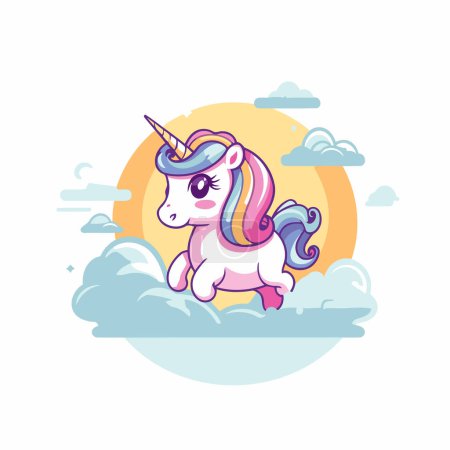 Illustration for Cute cartoon unicorn with clouds and sun. Vector illustration in flat style. - Royalty Free Image