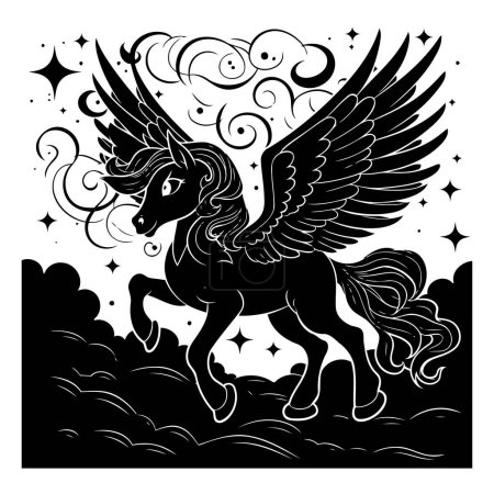 Téléchargez les illustrations : Licorne avec des ailes et des étoiles. Illustration noir et blanc. - en licence libre de droit