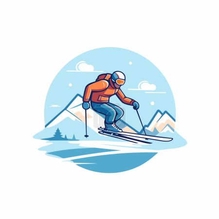 Ilustración de Logo de la estación de esquí con esquiador y montañas. Ilustración vectorial. - Imagen libre de derechos
