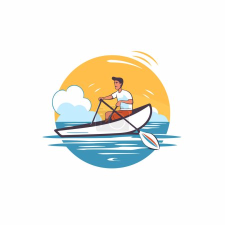 Téléchargez les illustrations : Homme dans un bateau sur la mer. Illustration vectorielle de style plat. - en licence libre de droit
