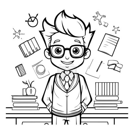 Illustration for Boy with glasses standing in the classroom. Black and white vector illustration. - Royalty Free Image