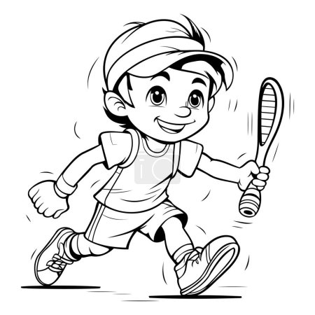 Téléchargez les illustrations : Illustration de dessin animé noir et blanc d'un petit garçon jouant au tennis Livre de coloriage sportif - en licence libre de droit