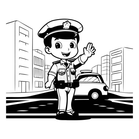 Téléchargez les illustrations : Garçon de police en uniforme saluant dans la ville illustration vectorielle graphisme - en licence libre de droit