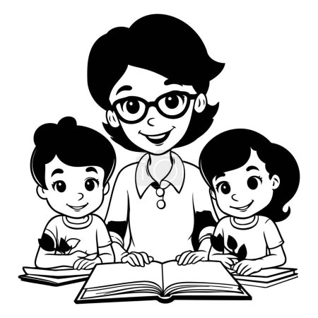 Illustration for Family mother reading a book with her kids cartoon vector illustration graphic design - Royalty Free Image