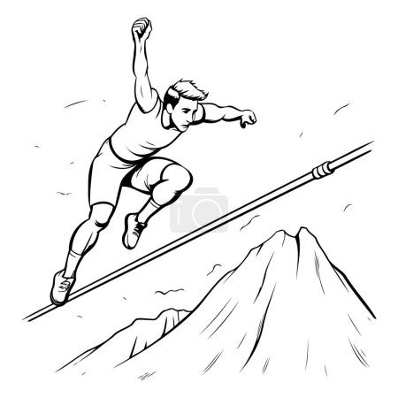 Ilustración de Ilustración de un hombre saltando sobre una montaña con una cuerda. - Imagen libre de derechos