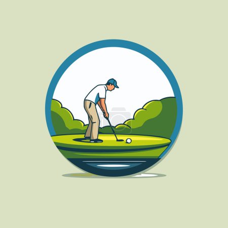 Golfista en campo de golf. Ilustración vectorial en estilo plano.