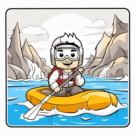 Illustration for Cartoon illustration of a man paddling a kayak on a lake - Royalty Free Image