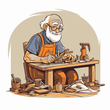 Téléchargez les illustrations : Vieil artisan travaillant dans son atelier. Illustration vectorielle pour votre design - en licence libre de droit