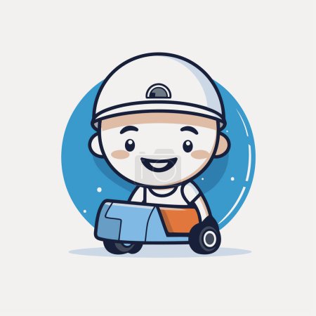 Illustration for Cute cartoon delivery boy riding a scooter. Vector illustration. - Royalty Free Image