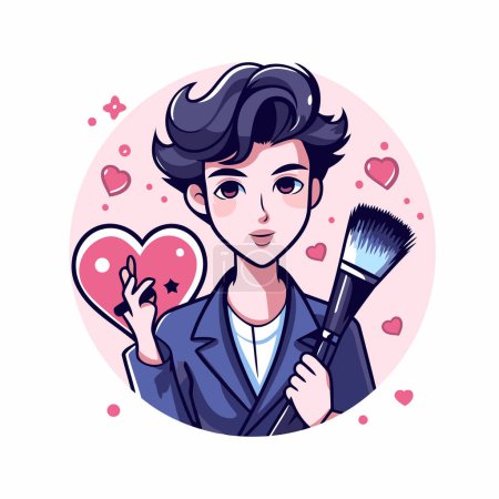Illustration for Young man with makeup brush and heart. Vector illustration in cartoon style. - Royalty Free Image