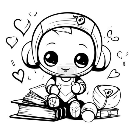 Téléchargez les illustrations : Mignon petit astronaute fille assis sur une pile de livres et de lecture - en licence libre de droit