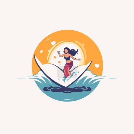 Illustration for Surfer girl on surfboard in the sea. Vector illustration. - Royalty Free Image