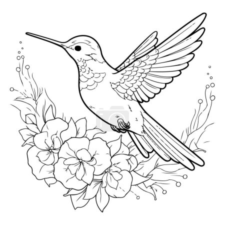 Ilustración de Página para colorear con colibrí y flores. Libro para colorear para adultos y niños. - Imagen libre de derechos