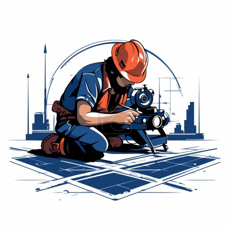 Téléchargez les illustrations : Illustration vectorielle d'un ouvrier de la construction sur le fond de la ville. - en licence libre de droit