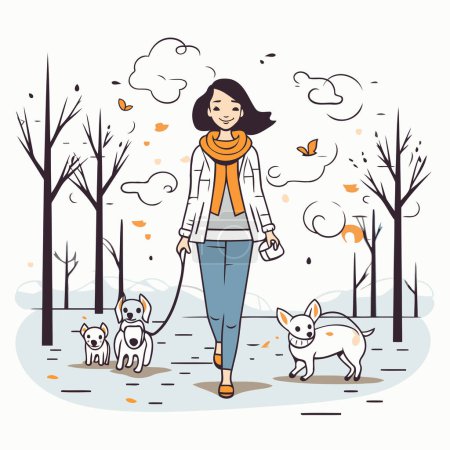 Téléchargez les illustrations : Illustration vectorielle d'une fille marchant avec ses chiens dans le parc. - en licence libre de droit