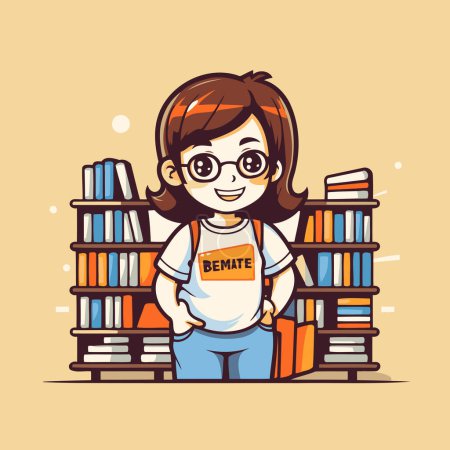 Illustration for Vector illustration of a little girl in glasses standing next to a stack of books. - Royalty Free Image