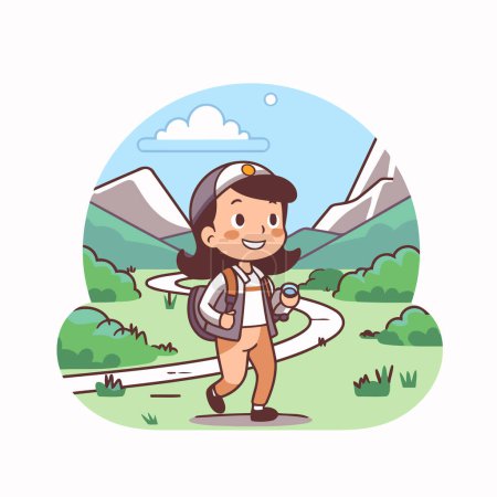 Illustration for Cute little boy hiking in the mountains. Vector cartoon illustration. - Royalty Free Image