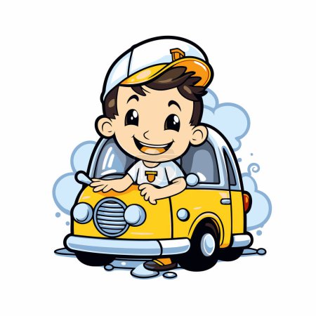 Téléchargez les illustrations : Joli petit garçon conduisant une voiture. Illustration vectorielle de personnage de dessin animé. - en licence libre de droit