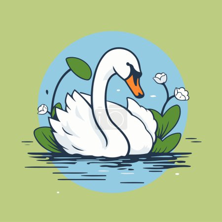 Téléchargez les illustrations : Illustration vectorielle d'un cygne nageant dans le lac avec des fleurs. - en licence libre de droit