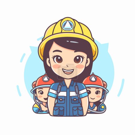 Téléchargez les illustrations : Fille pompier en uniforme et casque. Illustration vectorielle dans le style dessin animé. - en licence libre de droit