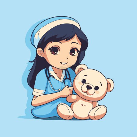 Illustration for Cute little girl with teddy bear and stethoscope vector illustration - Royalty Free Image