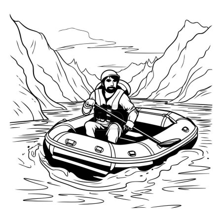 Man rowing on inflatable boat in mountains. Vector illustration.