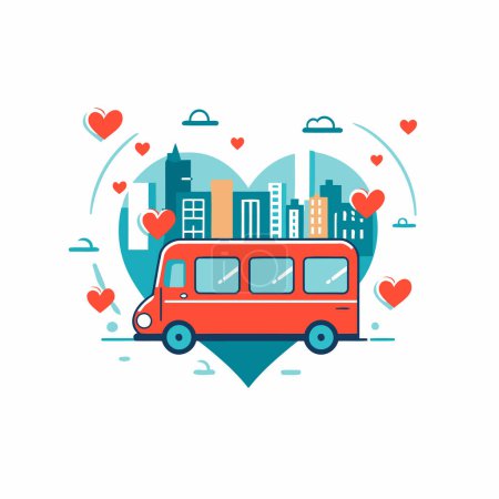 Illustration for City bus and heart. Flat design. vector illustration. vector. - Royalty Free Image
