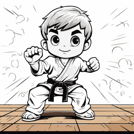 Illustration for Karate boy in kimono. Black and white vector illustration. - Royalty Free Image