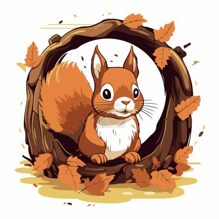 Illustration for Squirrel sitting in a hollow with autumn leaves. Vector illustration. - Royalty Free Image