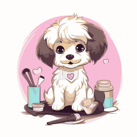Illustration for Cute little dog with a brush and a jar of cream. - Royalty Free Image