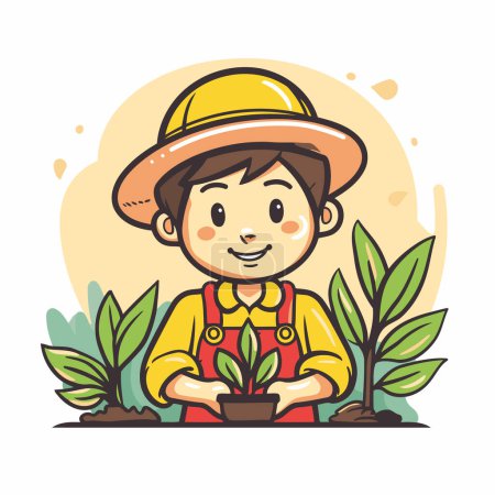 Téléchargez les illustrations : Joli petit jardinier en chapeau et tablier tenant une plante. Illustration vectorielle. - en licence libre de droit